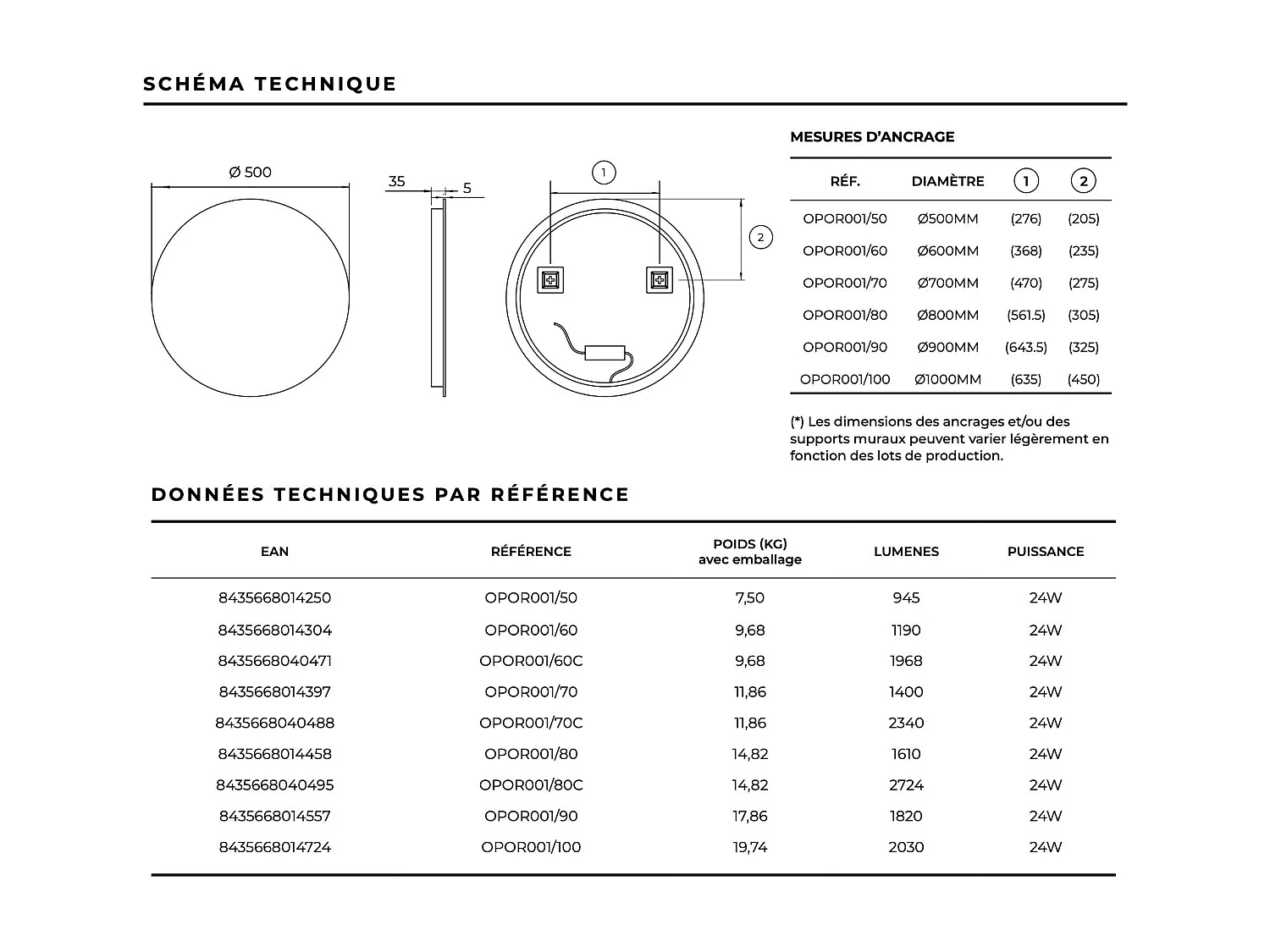 Miroir Salle de Bain OPORTO - Ø50 - Led Rétro-Éclairé (6500K) - Verre Sécurité 5mm - LEDIMEX