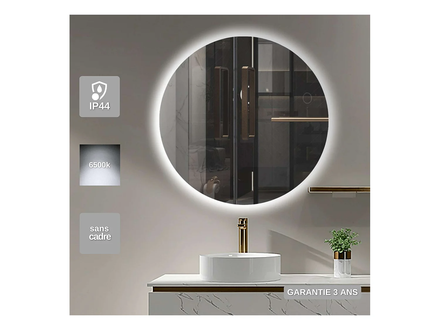 Miroir Salle de Bain OPORTO - Ø50 - Led Rétro-Éclairé (6500K) - Verre Sécurité 5mm - LEDIMEX
