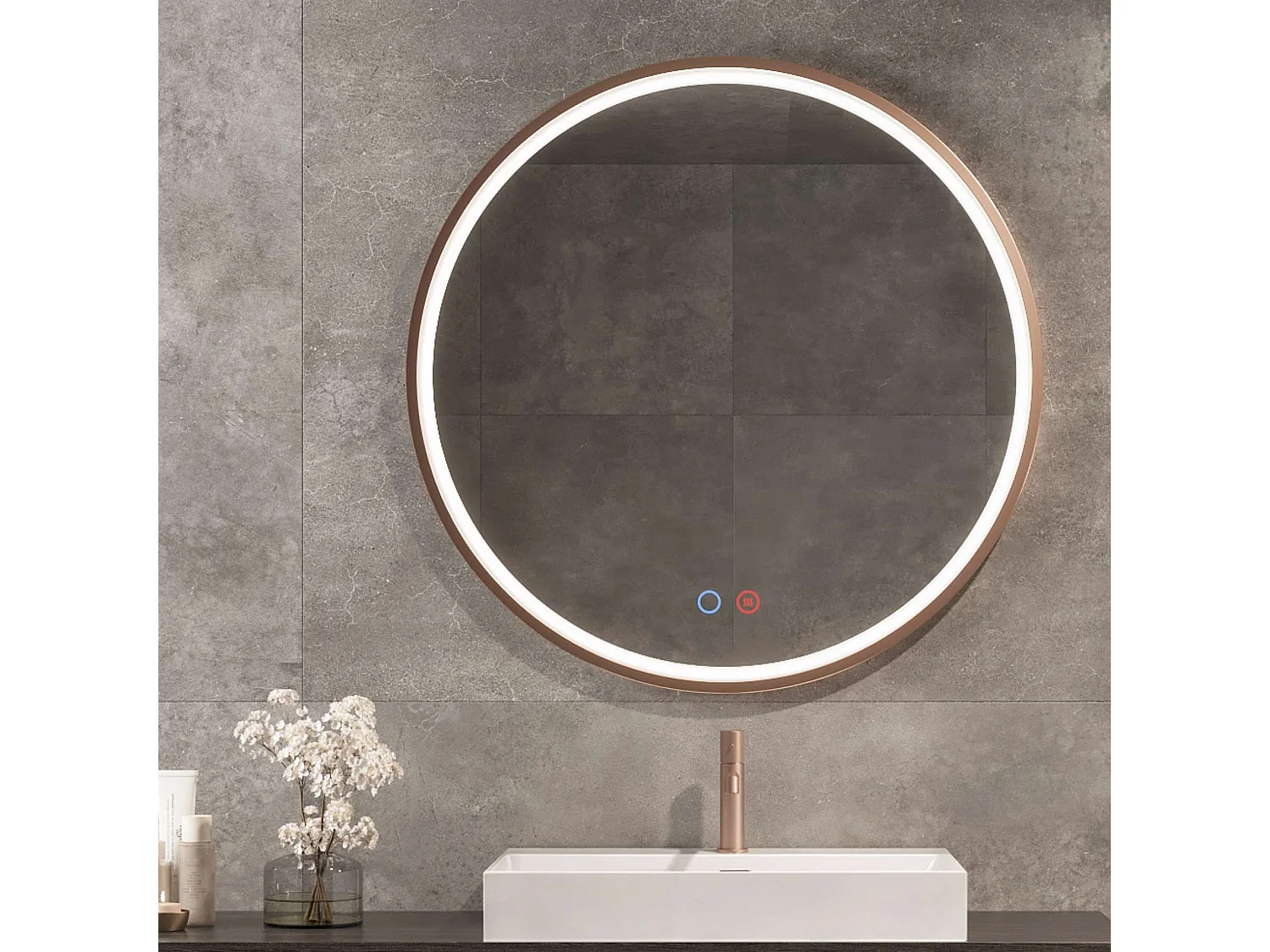 Miroir Salle de Bain PARIS - Ø70cm - Or Rose - Led Frontal T° Variable - Tactiles On/Off & Anti-Buée - LEDIMEX