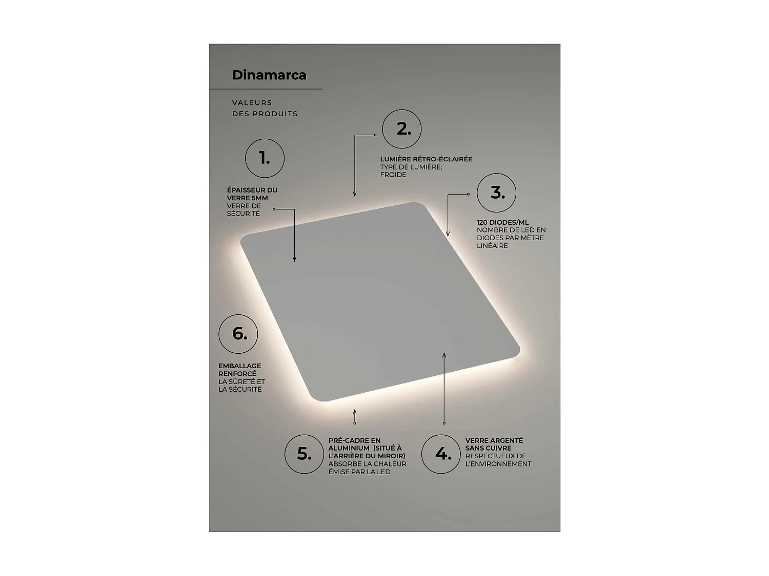 Miroir Salle de Bain DINAMARCA - 60x80cm - Led Rétro-éclairé (6500K) - LEDIMEX