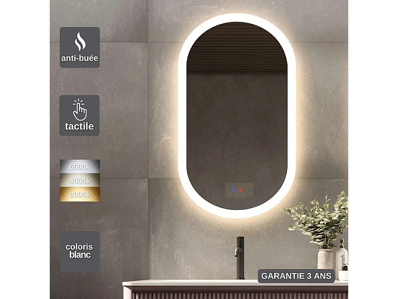 Miroir Salle de Bain MILANO Blanc 50X90cm - Led T° Variable Rétro-éclairé & Frontal - Tactiles On/Off & Anti-Buée - LEDIMEX