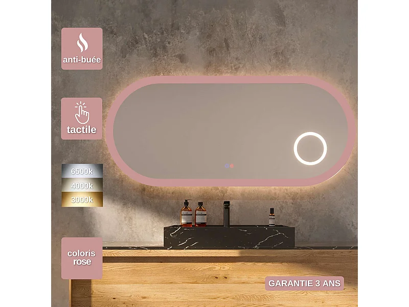 Miroir Led RIMINI Rose 100X55cm - T° Led Variable Rétro-éclairé & Frontal - Tactiles On/Off & Anti-Buée - Zone X3 - LEDIMEX