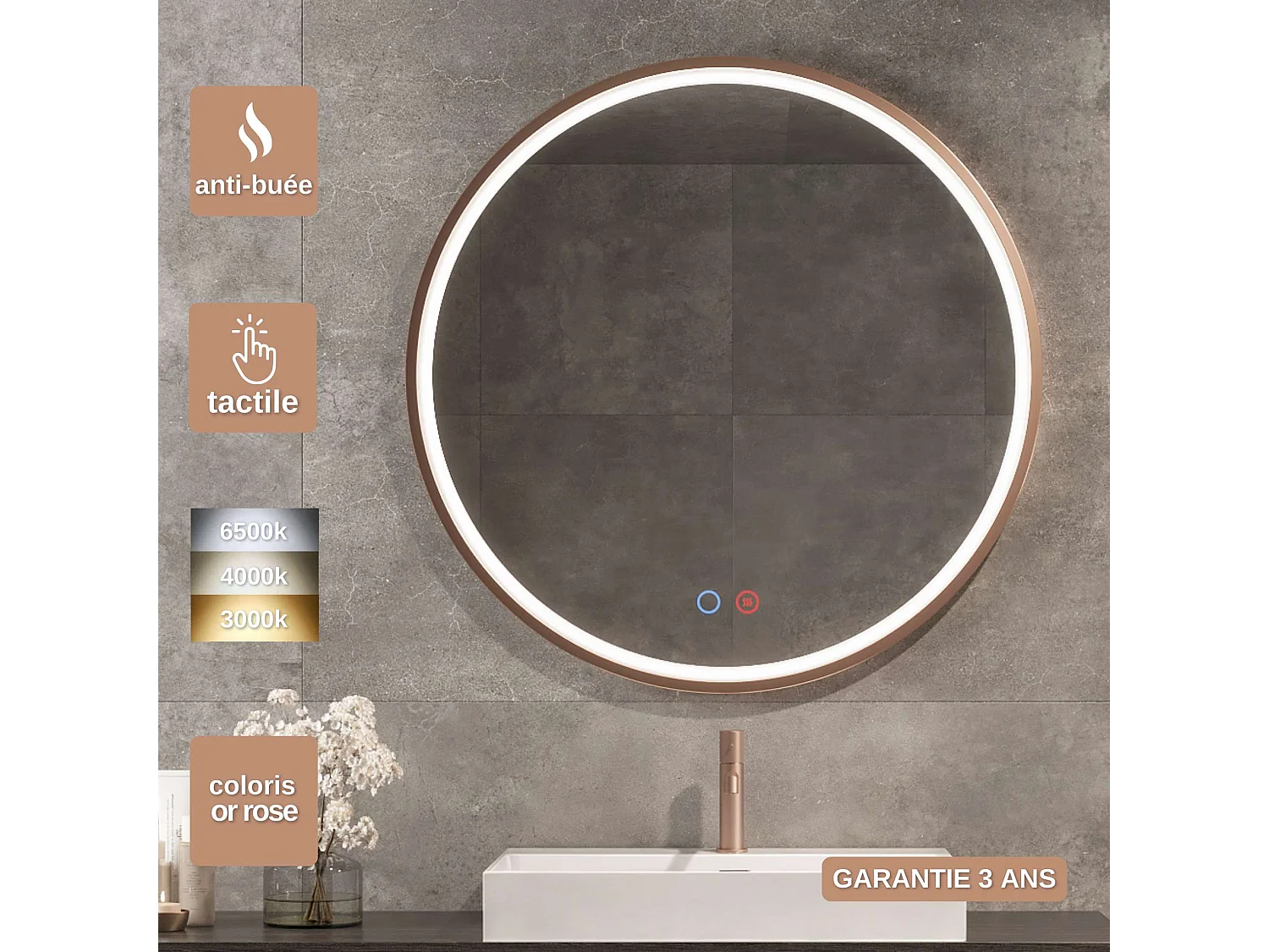 Miroir Salle de Bain PARIS - Ø80cm - Or Rose - Led Frontal T° Variable - Tactiles On/Off & Anti-Buée - LEDIMEX