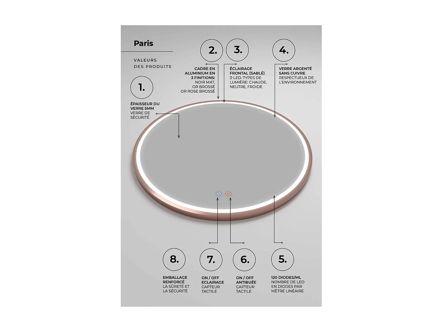 Miroir Salle de Bain PARIS - Ø80cm - Or Rose - Led Frontal T° Variable - Tactiles On/Off & Anti-Buée - LEDIMEX
