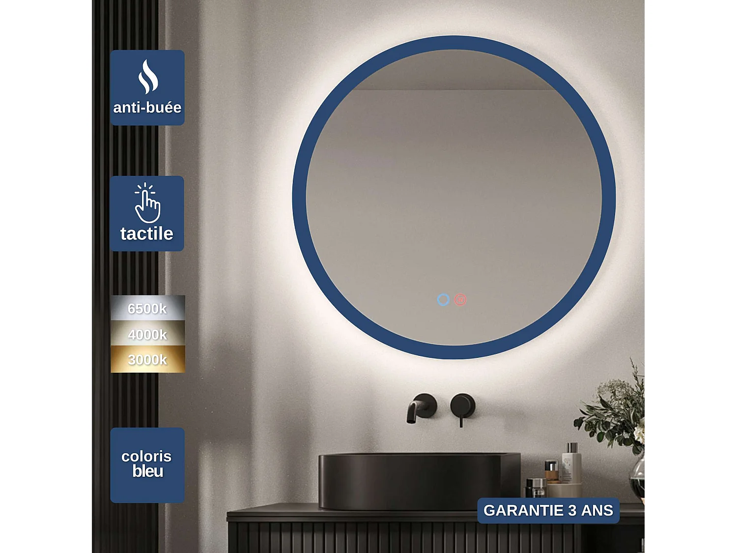 Miroir Salle de Bain TORINO Bleu Ø60cm - T° Led Variable Rétro-éclairé & Frontal - Tactiles On/Off & Anti-Buée - LEDIMEX