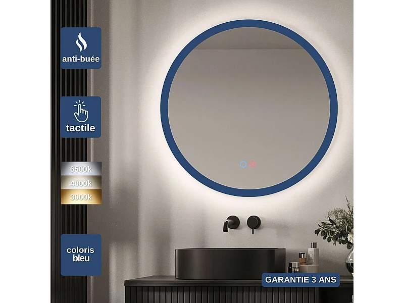 Miroir Salle de Bain TORINO Bleu Ø60cm - T° Led Variable Rétro-éclairé & Frontal - Tactiles On/Off & Anti-Buée - LEDIMEX