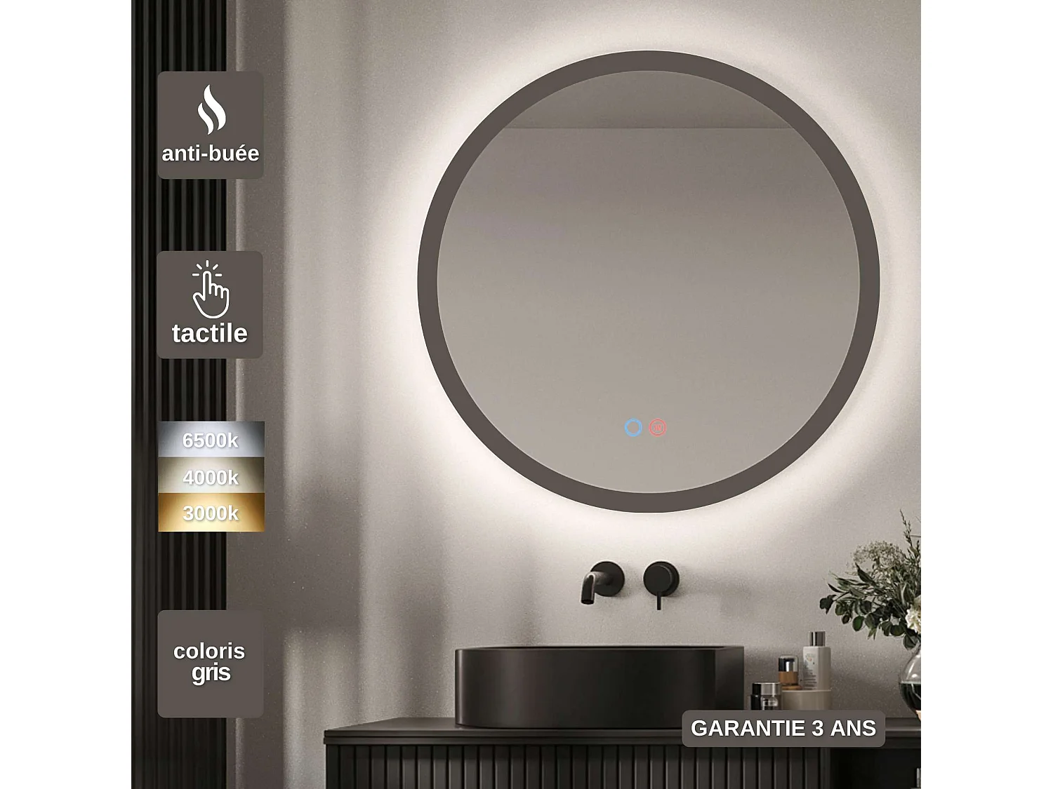 Miroir Salle de Bain TORINO Gris Ø60cm - T° Led Variable Rétro-éclairé & Frontal - Tactiles On/Off & Anti-Buée - LEDIMEX