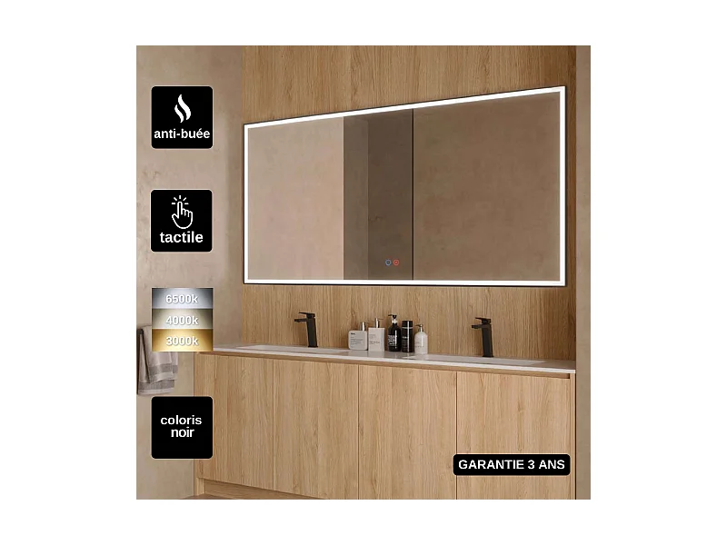 Miroir Salle de Bain SUIZA - 120x80cm - Noir Mat - Led Frontal T° Variable - Tactiles On/Off & Anti-Buée - LEDIMEX