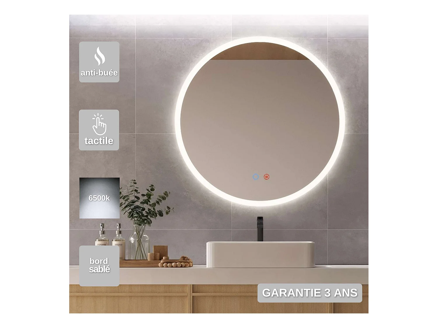 Miroir Salle de Bain LONDRES - Ø80 - Led Rétro-Éclairé (6500K) - Tactiles On/Off & Anti-Buée - LEDIMEX