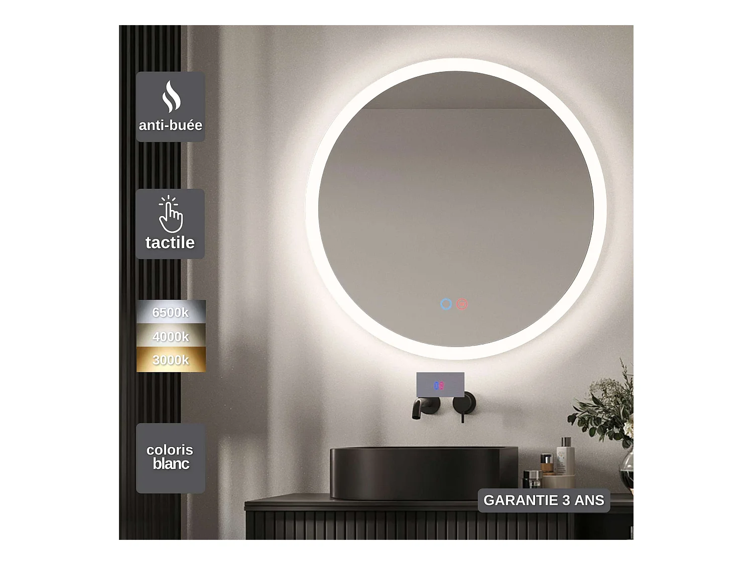Miroir Salle de Bain TORINO Blanc Ø100cm - T° Led Variable Rétro-éclairé & Frontal - Tactiles On/Off & Anti-Buée - LEDIMEX