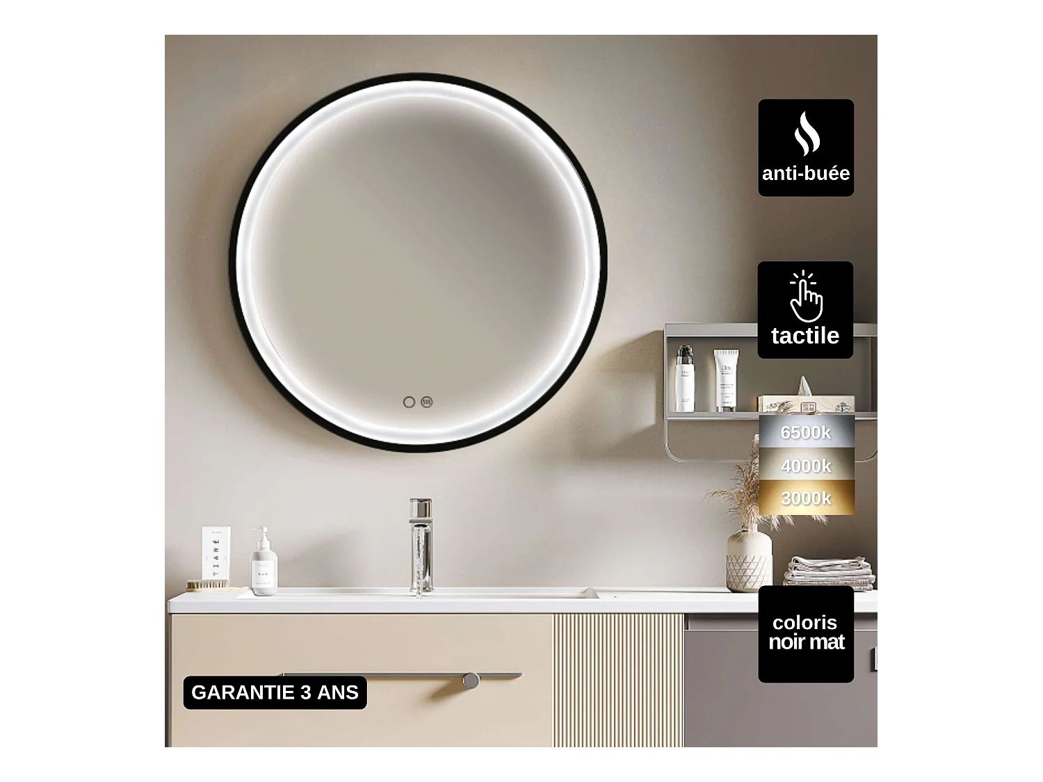 Miroir Salle de Bain PARIS - Ø60cm - Noir Mat - Led Frontal T° Variable - Tactiles On/Off & Anti-Buée - LEDIMEX