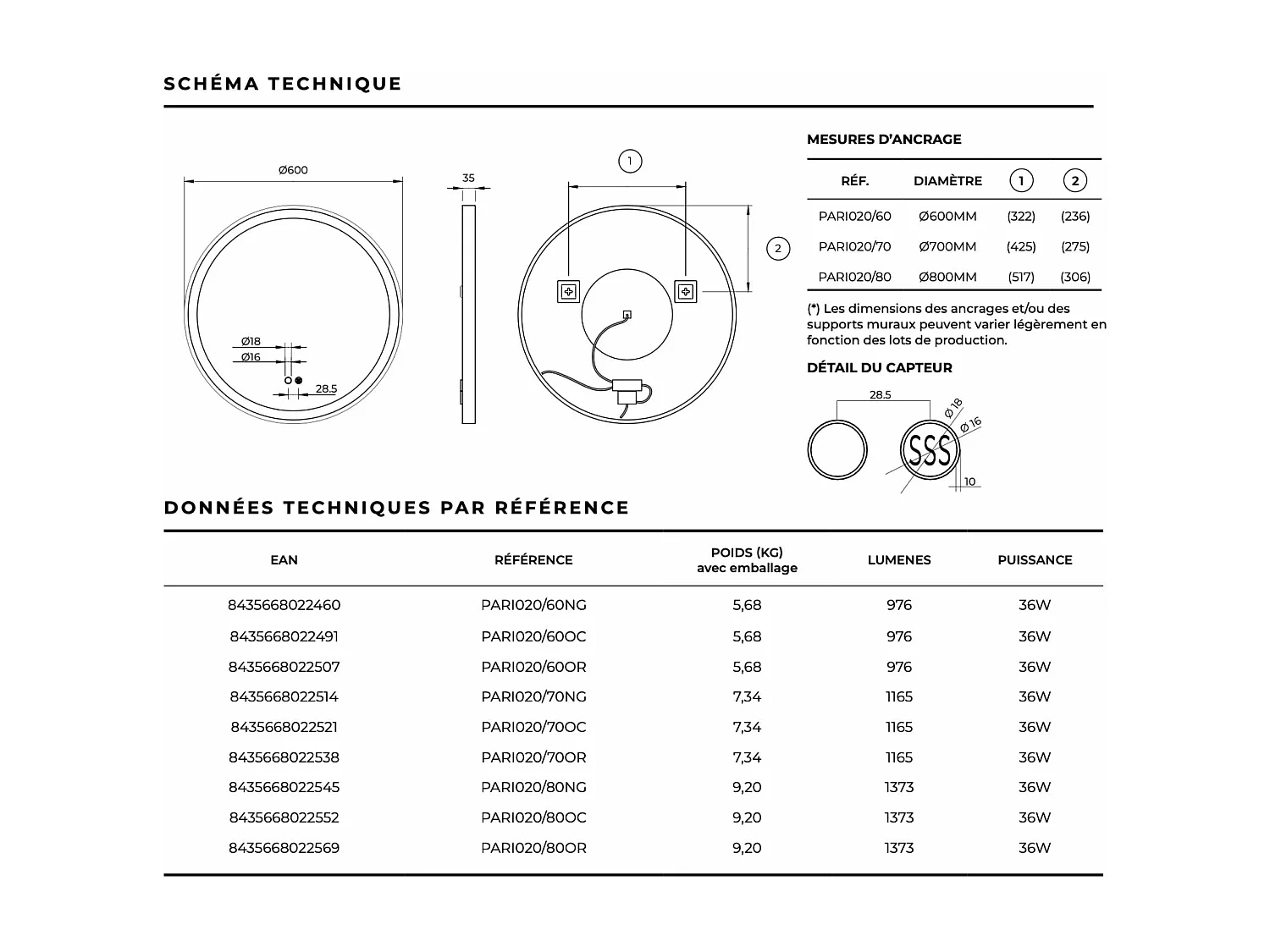 Miroir Salle de Bain PARIS - Ø60cm - Noir Mat - Led Frontal T° Variable - Tactiles On/Off & Anti-Buée - LEDIMEX