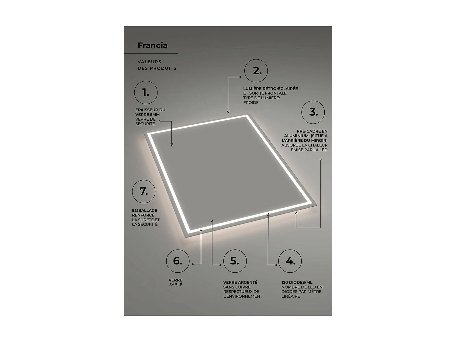 Miroir Salle de Bain FRANCIA - 60x80cm - Led Rétro-éclairé & Diffusion Frontal (6500K) - LEDIMEX
