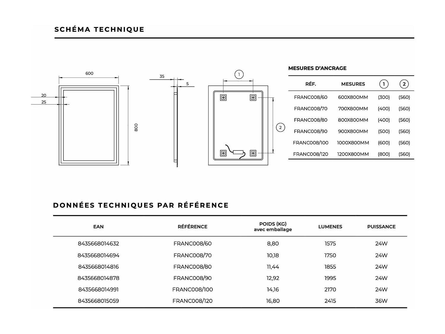 Miroir Salle de Bain FRANCIA - 60x80cm - Led Rétro-éclairé & Diffusion Frontal (6500K) - LEDIMEX