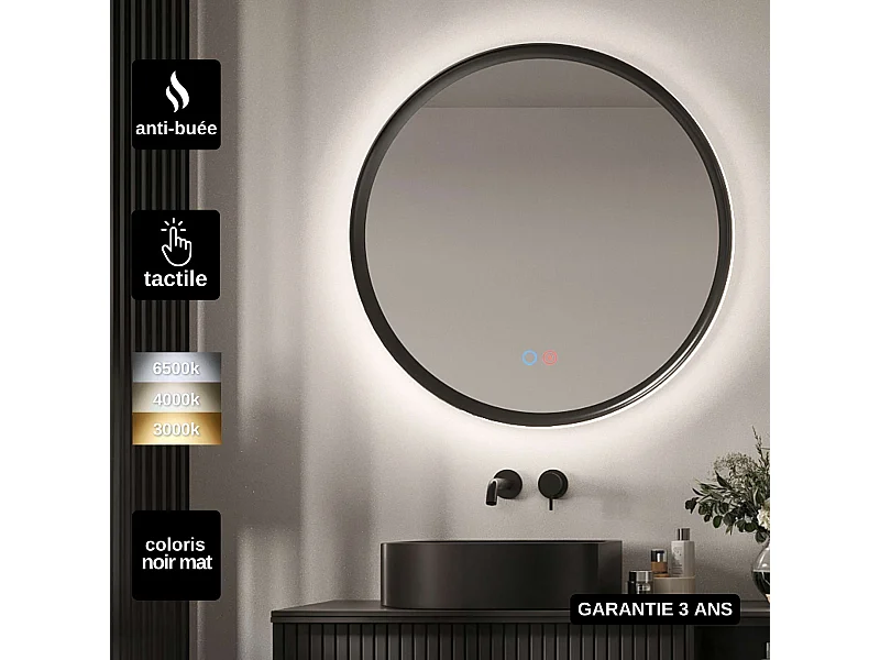 Miroir Salle de Bain TORINO Noir Ø100cm - T° Led Variable Rétro-éclairé & Frontal - Tactiles On/Off & Anti-Buée - LEDIMEX
