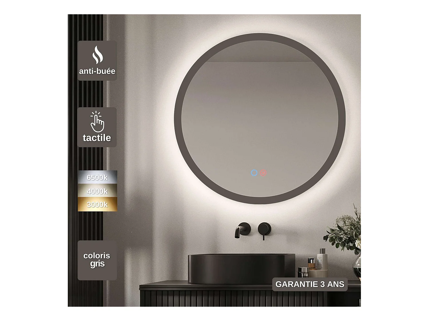 Miroir Salle de Bain TORINO Gris Ø100cm - T° Led Variable Rétro-éclairé & Frontal - Tactiles On/Off & Anti-Buée - LEDIMEX