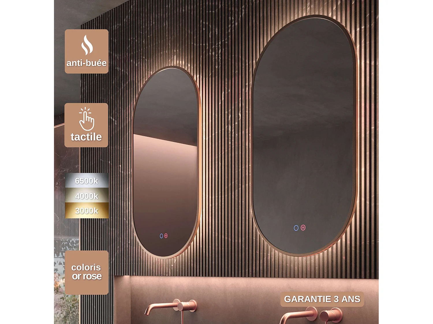 Miroir Salle de Bain TOKYO - 50x90cm - Or Rose - Led Frontal T° Variable - Tactiles On/Off & Anti-Buée - LEDIMEX