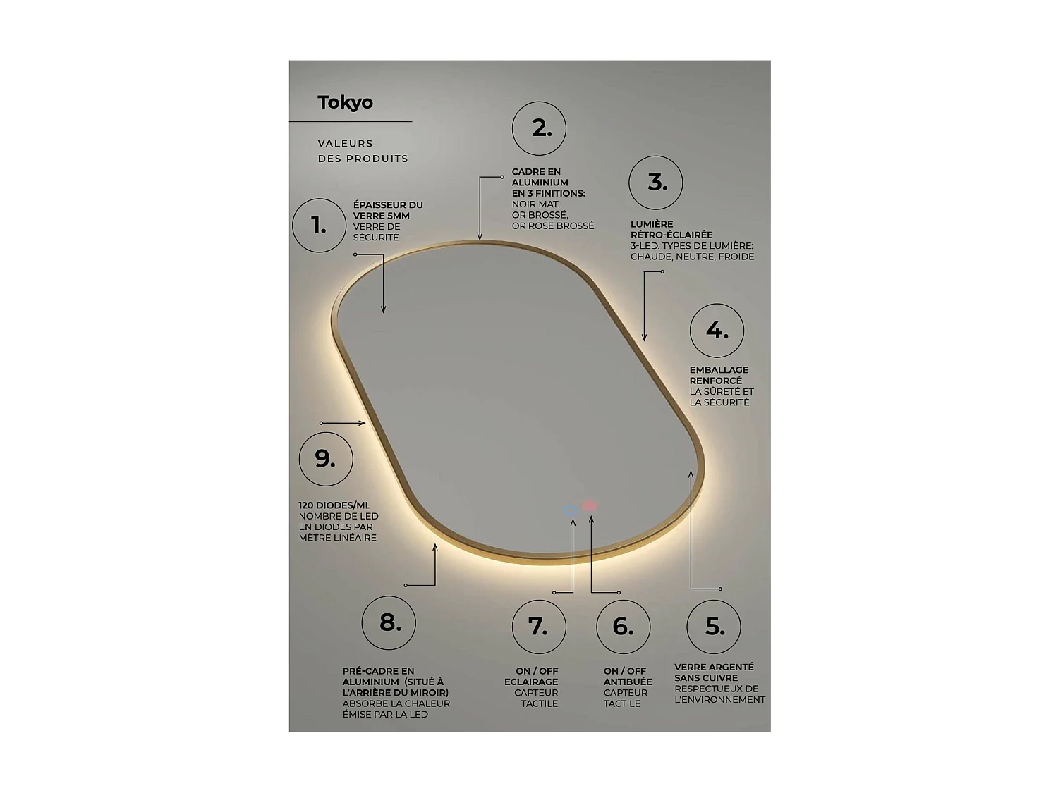 Miroir Salle de Bain TOKYO - 50x90cm - Or Rose - Led Frontal T° Variable - Tactiles On/Off & Anti-Buée - LEDIMEX