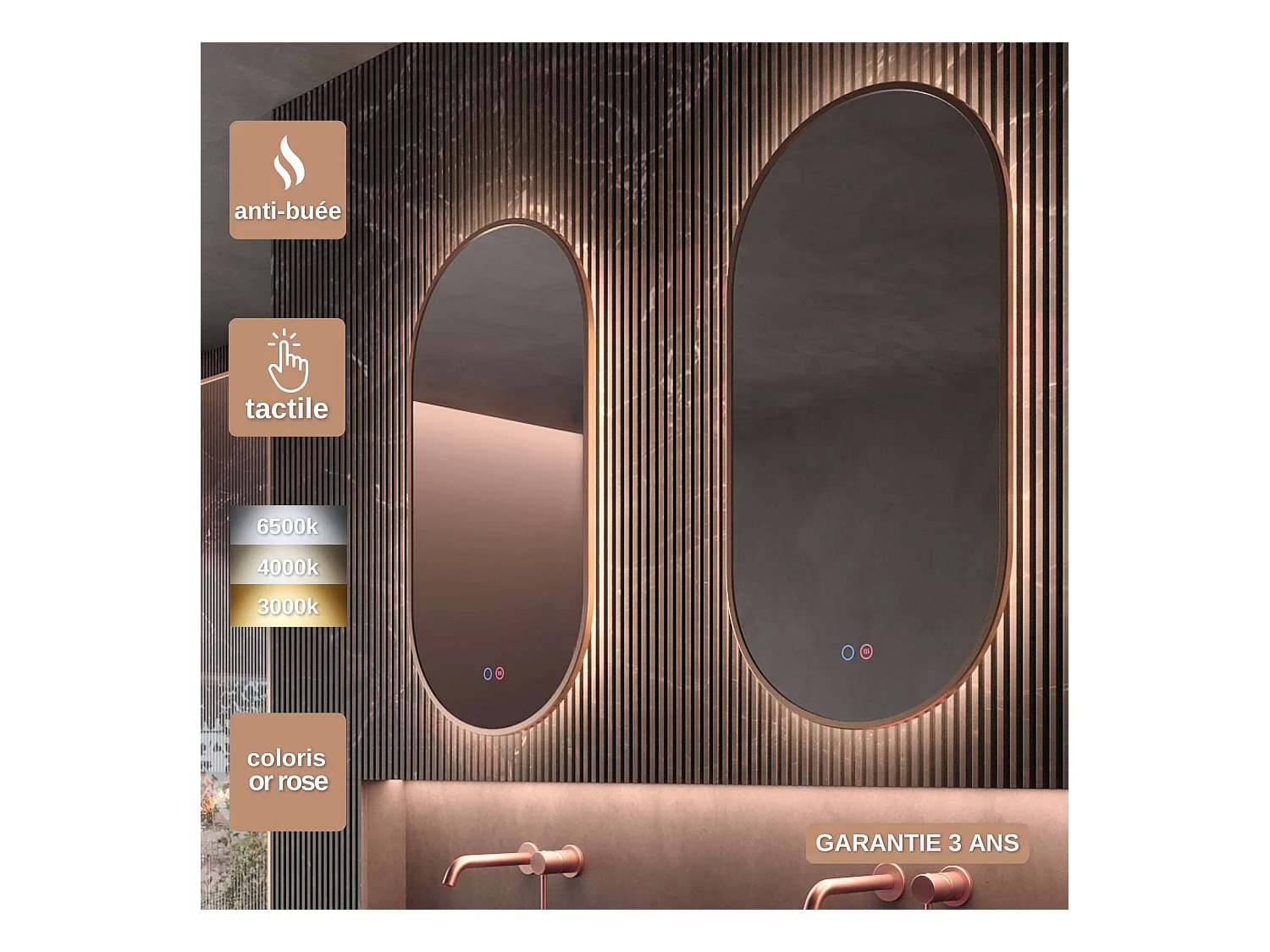 Miroir Salle de Bain TOKYO - 50x90cm - Or Rose - Led Frontal T° Variable - Tactiles On/Off & Anti-Buée - LEDIMEX