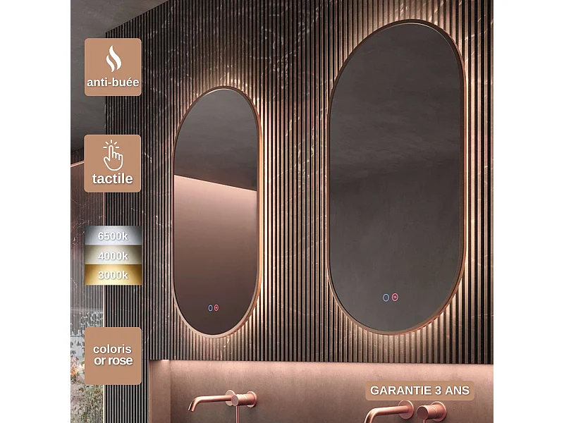 Miroir Salle de Bain TOKYO - 50x90cm - Or Rose - Led Frontal T° Variable - Tactiles On/Off & Anti-Buée - LEDIMEX