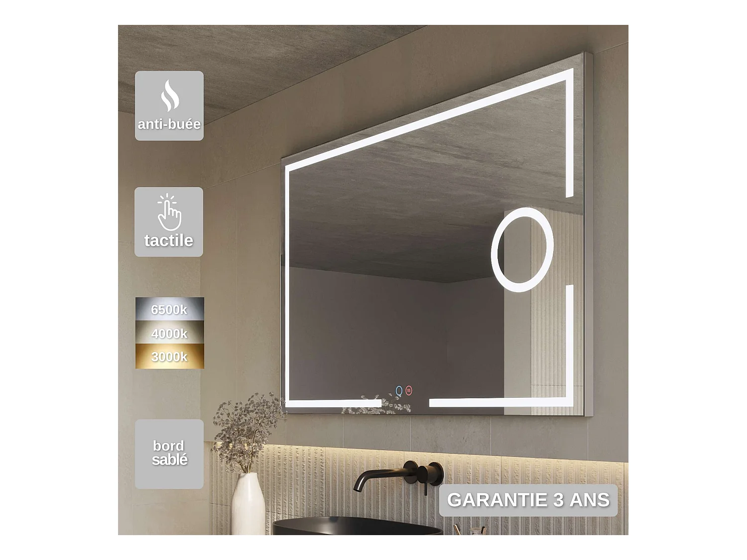 Miroir Salle de Bain MALTA - 100x80cm - T° Led Variable - Tactiles On/Off & Anti-Buée & Zone Grossissant X5 - LEDIMEX