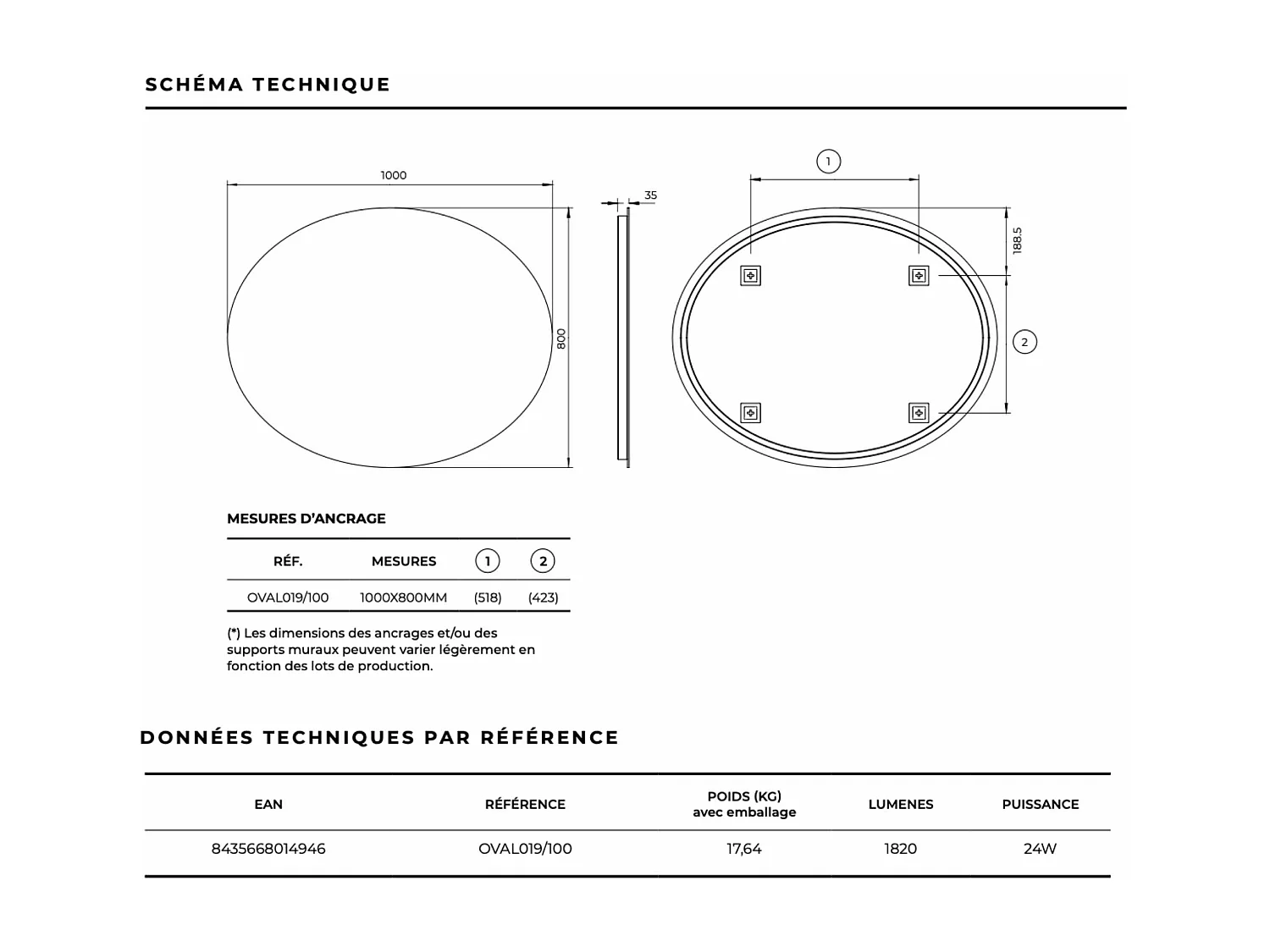 Miroir Salle de Bain OVAL - 100x80cm - Led Rétro-Éclairé (6500K) - Verre Sécurité 5mm - LEDIMEX