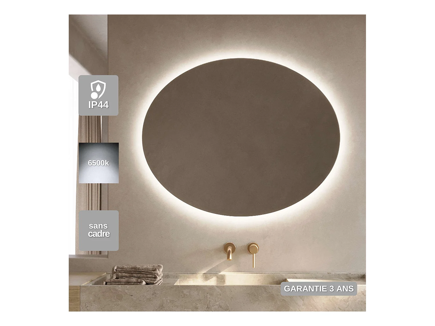 Miroir Salle de Bain OVAL - 100x80cm - Led Rétro-Éclairé (6500K) - Verre Sécurité 5mm - LEDIMEX