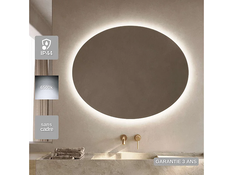 Miroir Salle de Bain OVAL - 100x80cm - Led Rétro-Éclairé (6500K) - Verre Sécurité 5mm - LEDIMEX