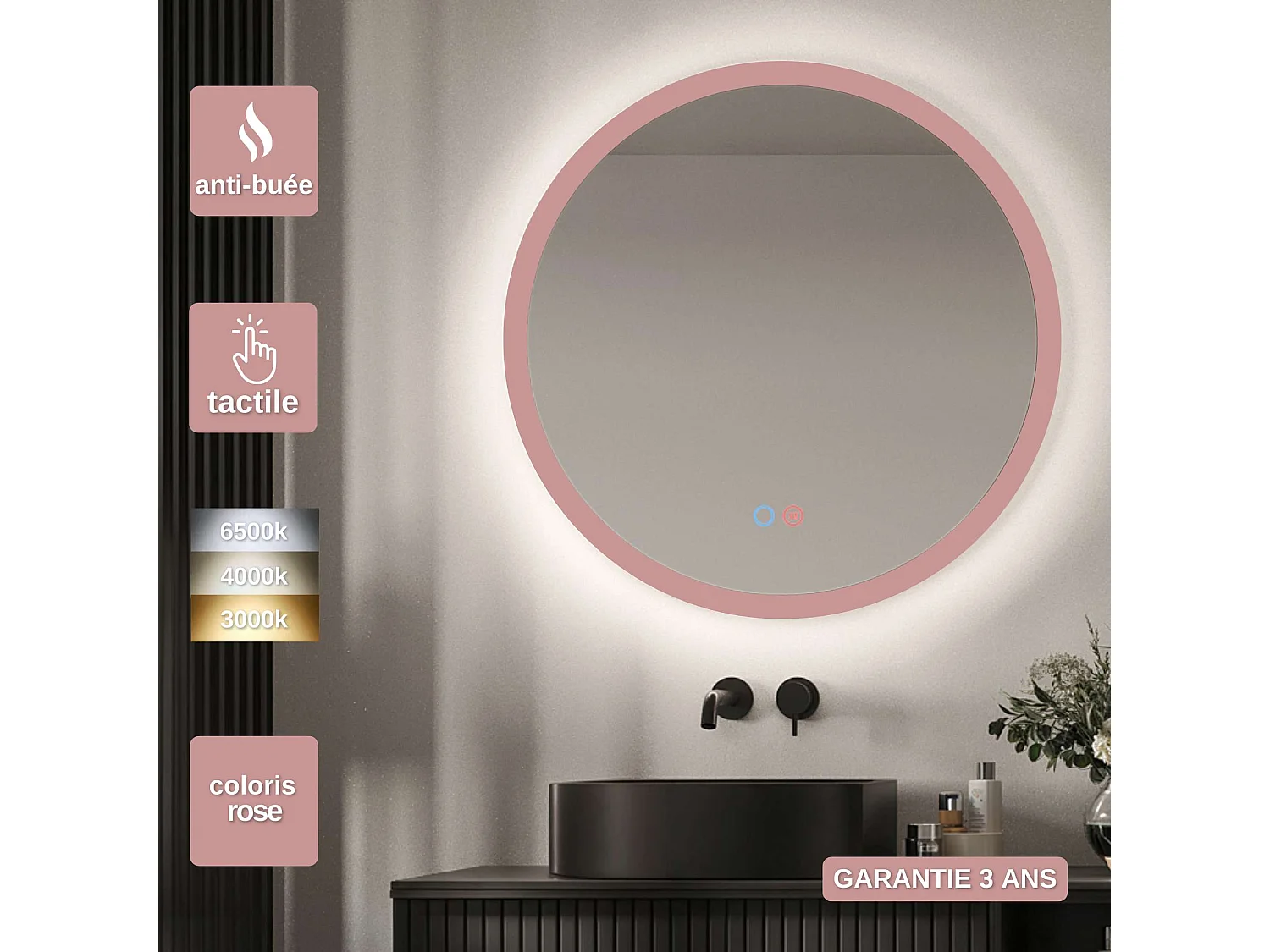 Miroir Salle de Bain TORINO Rose Ø80cm - T° Led Variable Rétro-éclairé & Frontal - Tactiles On/Off & Anti-Buée - LEDIMEX