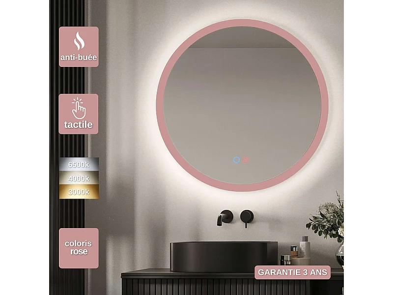 Miroir Salle de Bain TORINO Rose Ø80cm - T° Led Variable Rétro-éclairé & Frontal - Tactiles On/Off & Anti-Buée - LEDIMEX