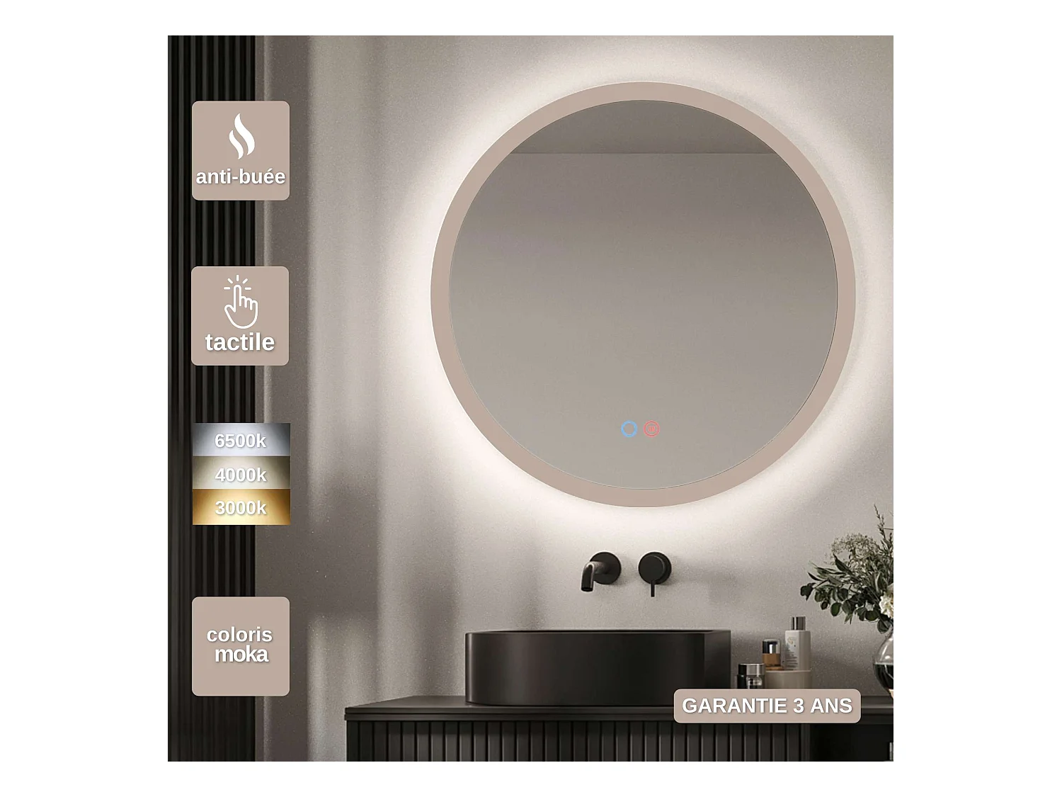 Miroir Salle de Bain TORINO Moka Ø100cm - T° Led Variable Rétro-éclairé & Frontal - Tactiles On/Off & Anti-Buée - LEDIMEX