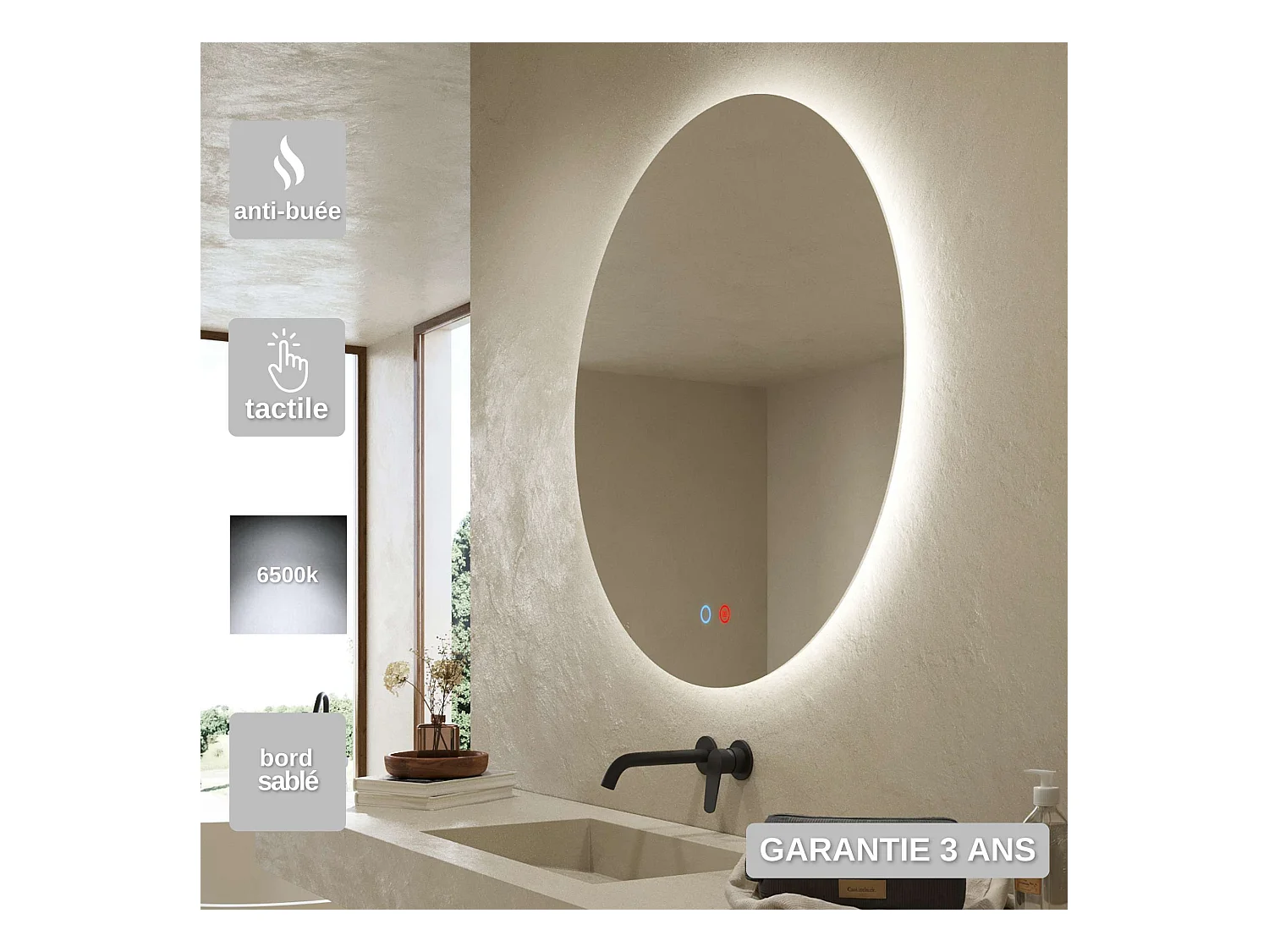 Miroir Salle de Bain LISBOA - Ø60 - Led Rétro-Éclairé (6500K) - Tactiles On/Off & Anti-Buée - LEDIMEX
