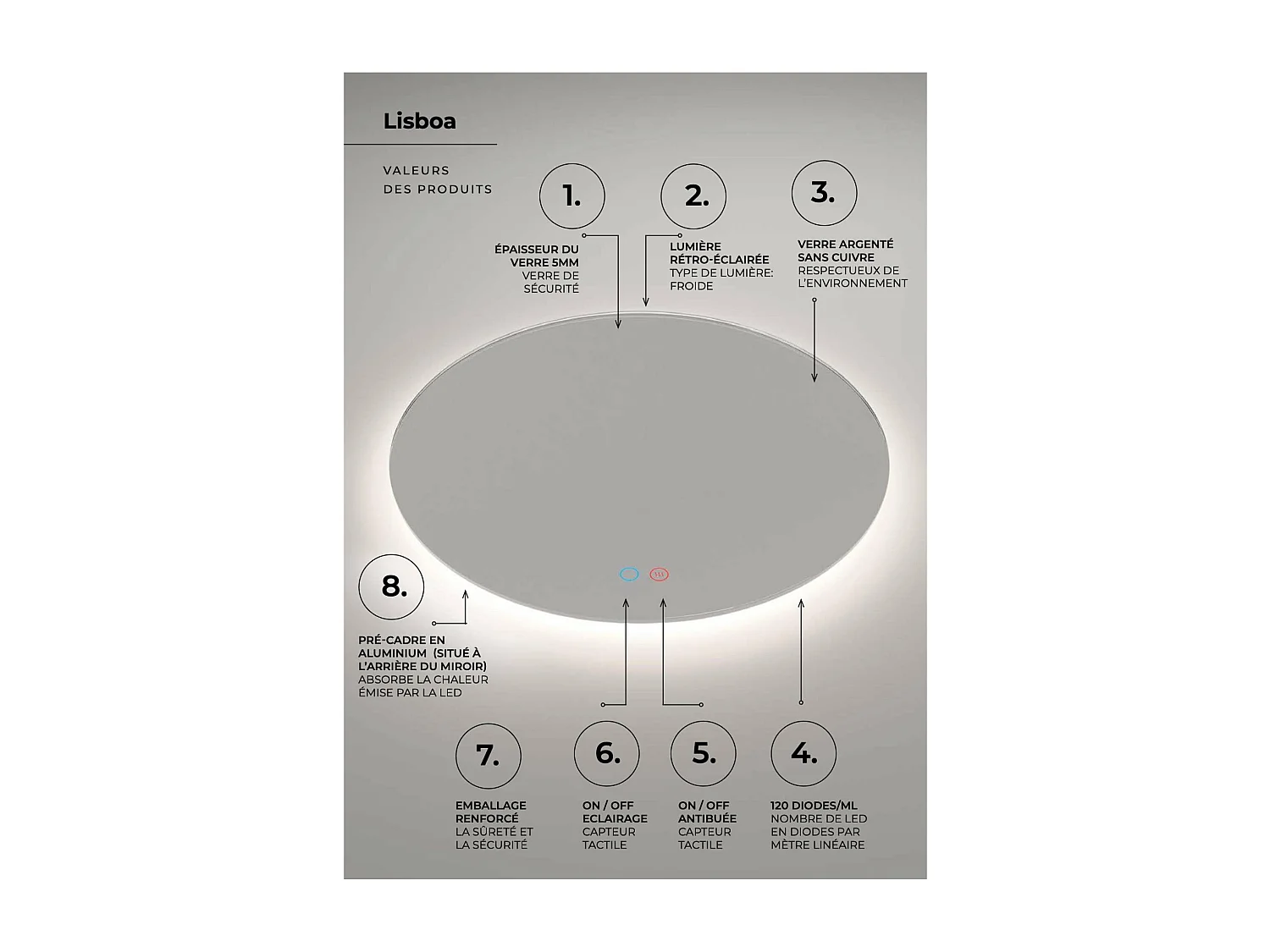 Miroir Salle de Bain LISBOA - Ø60 - Led Rétro-Éclairé (6500K) - Tactiles On/Off & Anti-Buée - LEDIMEX