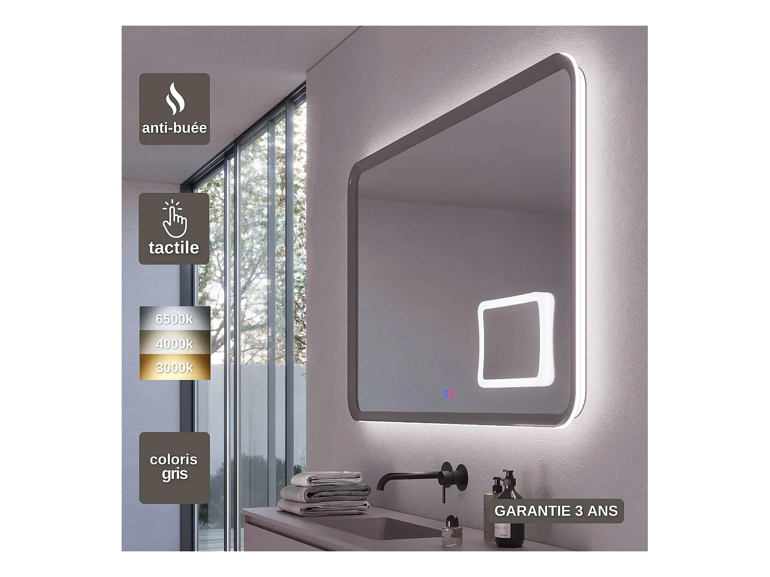 Miroir Led DUOMO Gris 80X80cm - T° Led Variable Rétro-éclairé & Frontal - Tactiles On/Off & Anti-Buée - Zone X3 - LEDIMEX