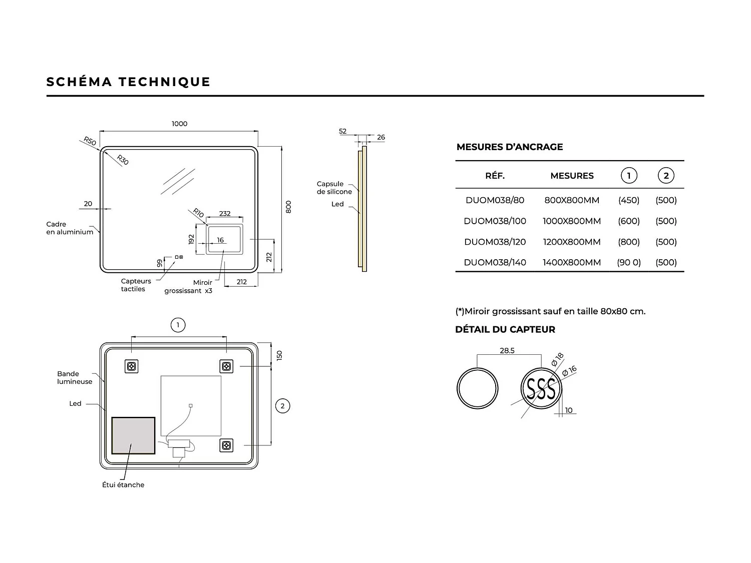 Miroir Led DUOMO Gris 80X80cm - T° Led Variable Rétro-éclairé & Frontal - Tactiles On/Off & Anti-Buée - Zone X3 - LEDIMEX