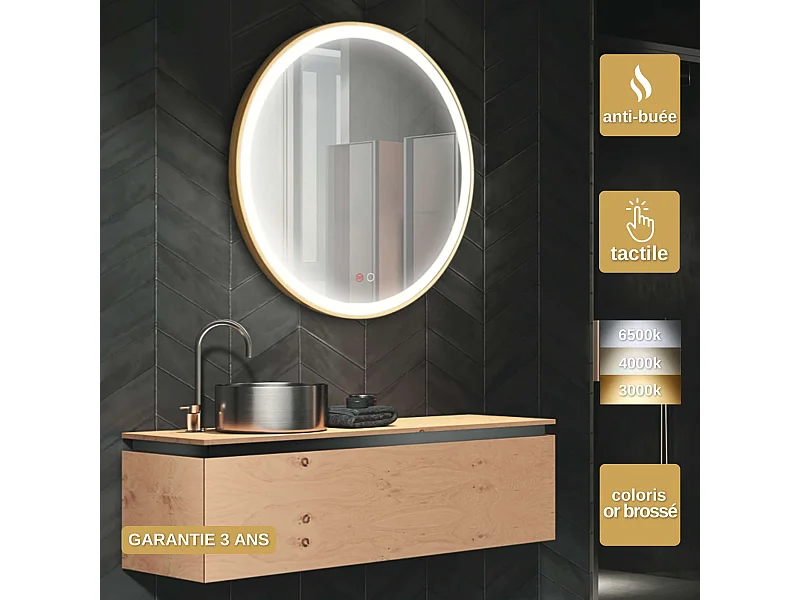 Miroir Salle de Bain PARIS - Ø60cm - Or Brossé - Led Frontal T° Variable - Tactiles On/Off & Anti-Buée - LEDIMEX