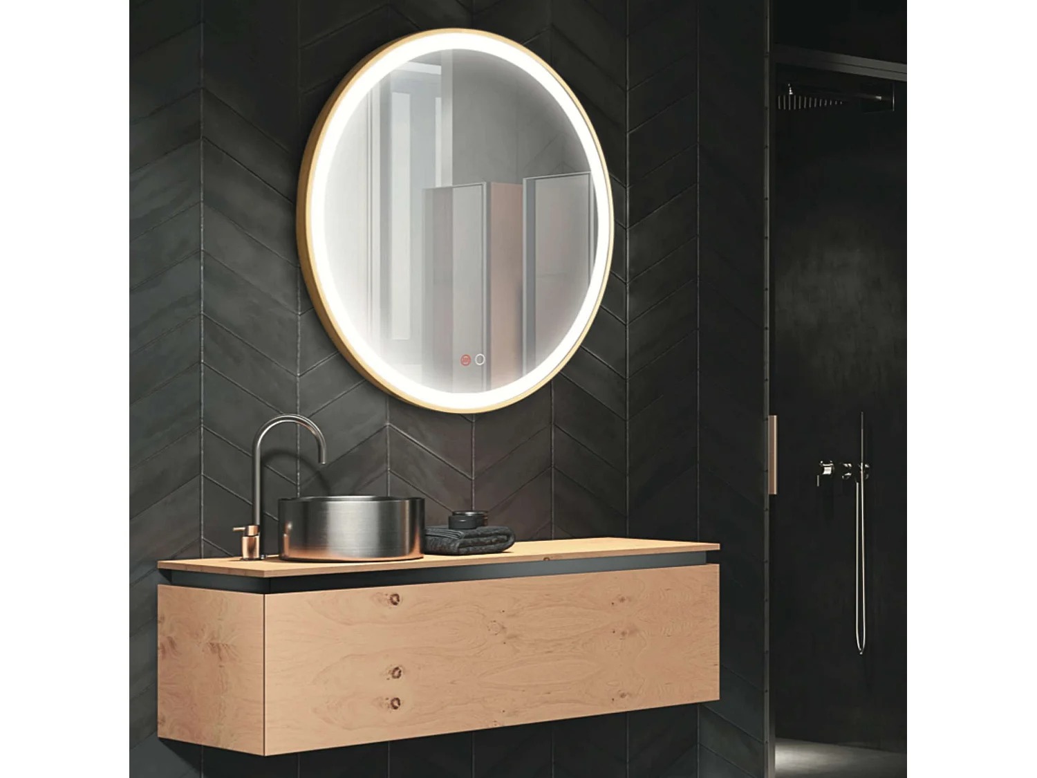 Miroir Salle de Bain PARIS - Ø60cm - Or Brossé - Led Frontal T° Variable - Tactiles On/Off & Anti-Buée - LEDIMEX
