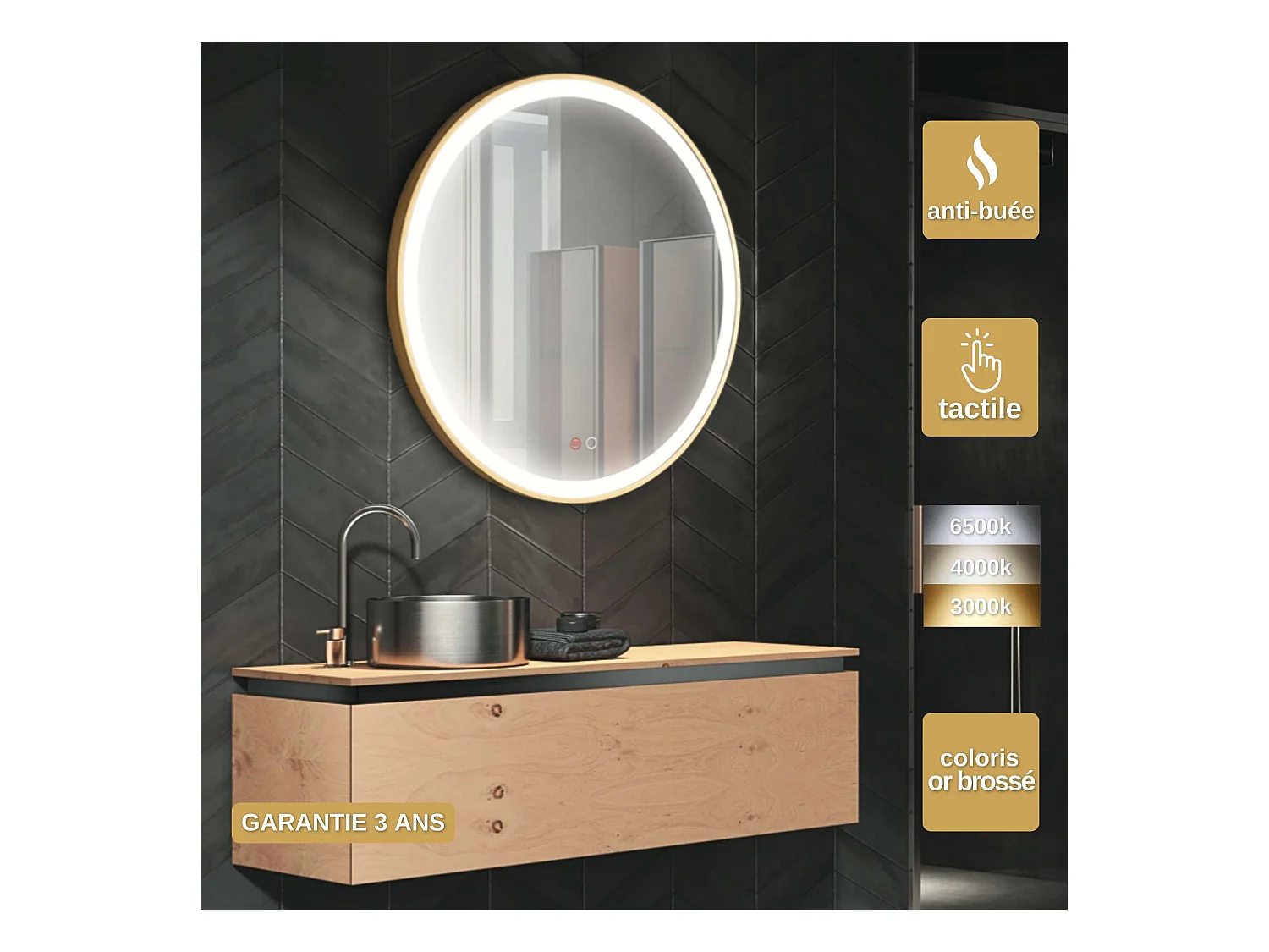 Miroir Salle de Bain PARIS - Ø60cm - Or Brossé - Led Frontal T° Variable - Tactiles On/Off & Anti-Buée - LEDIMEX