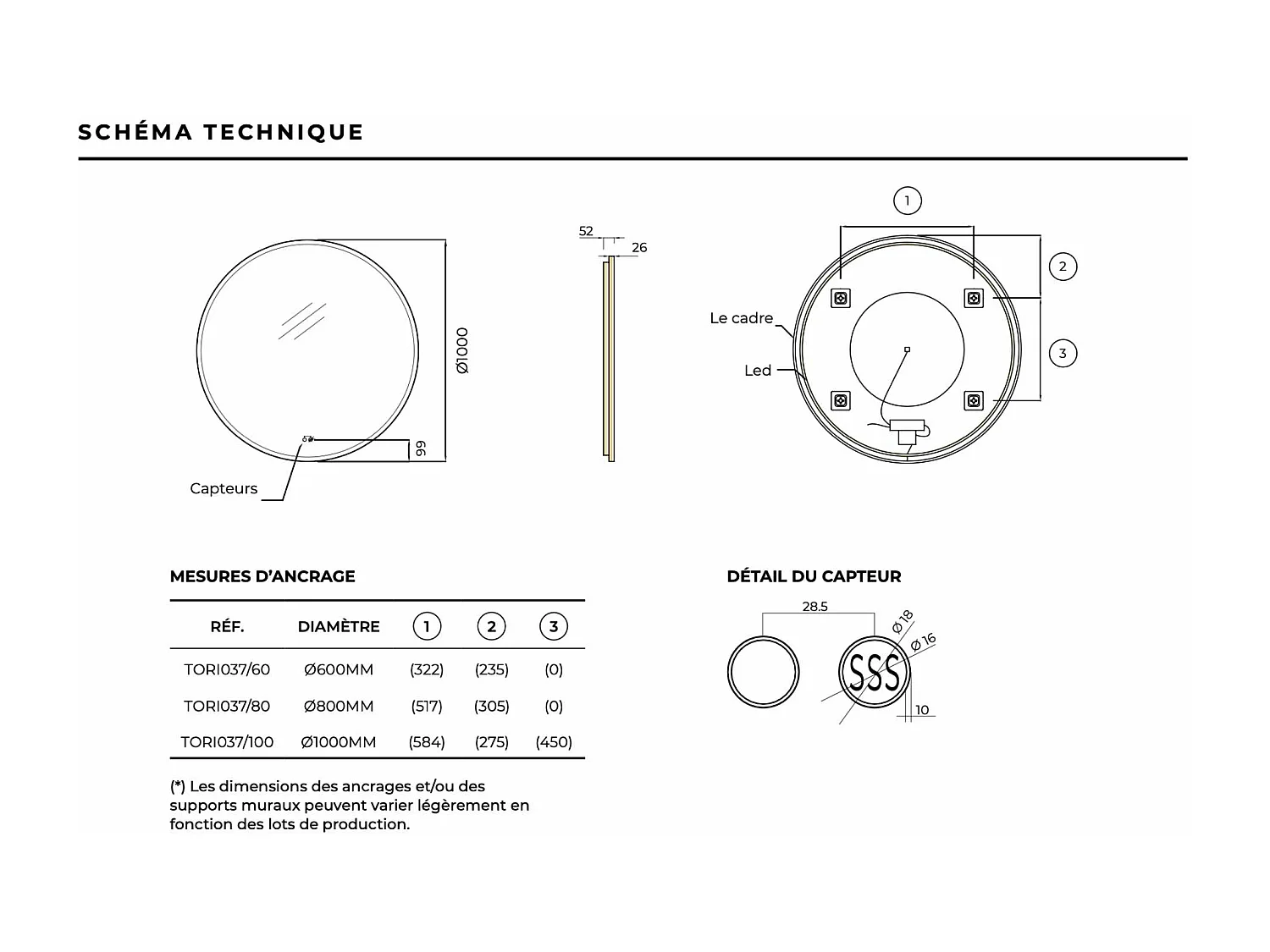 Miroir Salle de Bain TORINO Moka Ø60cm - T° Led Variable Rétro-éclairé & Frontal - Tactiles On/Off & Anti-Buée - LEDIMEX