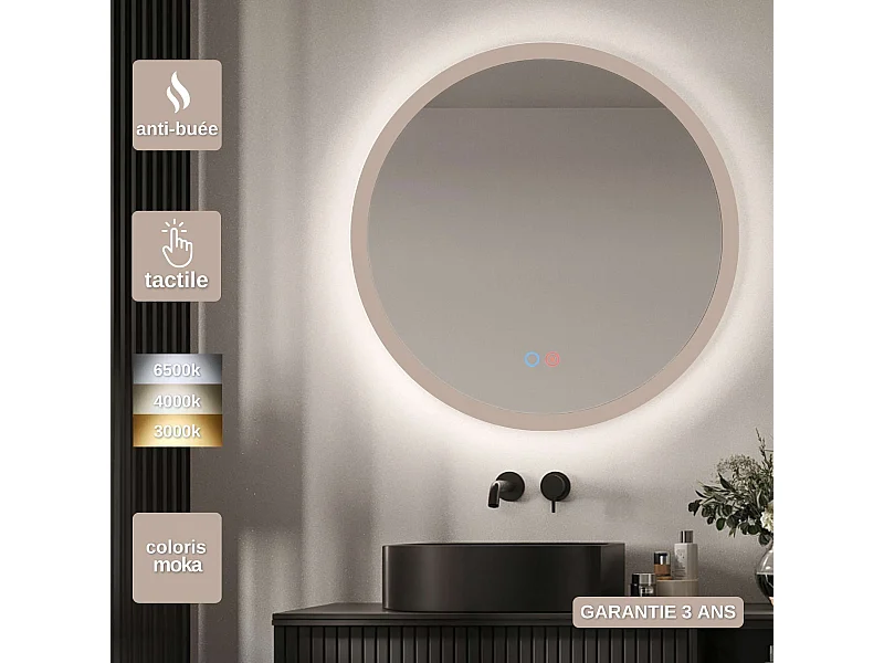 Miroir Salle de Bain TORINO Moka Ø60cm - T° Led Variable Rétro-éclairé & Frontal - Tactiles On/Off & Anti-Buée - LEDIMEX