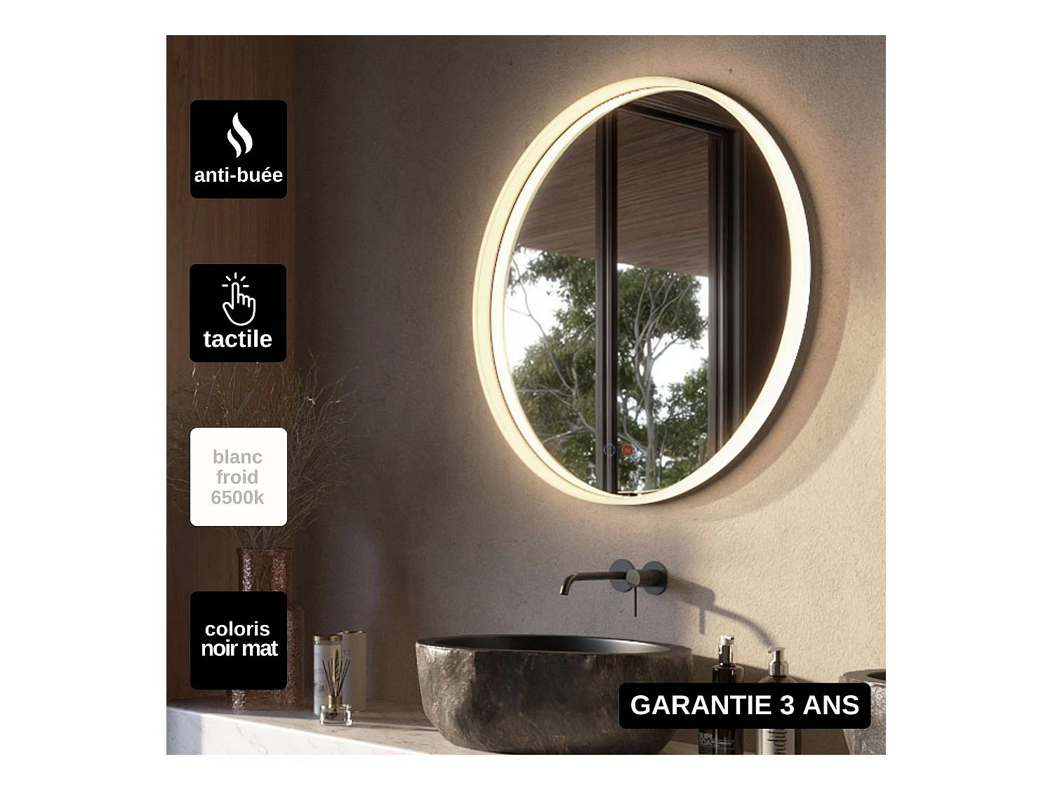 Miroir Salle de Bain BOLONIA - Ø60cm - Noir Mat - Éclairage Led Périphérique - Tactiles On/Off & Anti-Buée - LEDIMEX