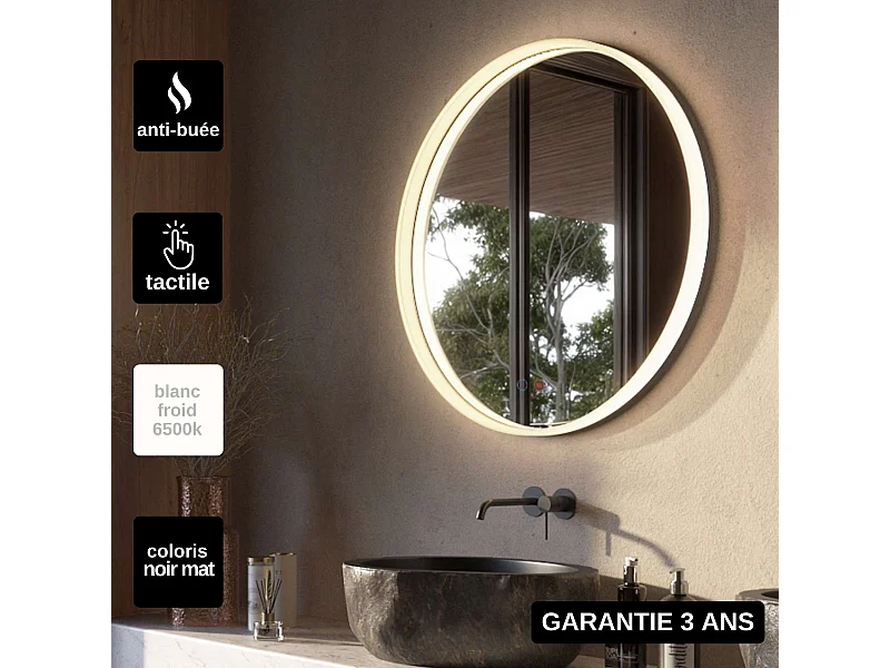 Miroir Salle de Bain BOLONIA - Ø60cm - Noir Mat - Éclairage Led Périphérique - Tactiles On/Off & Anti-Buée - LEDIMEX