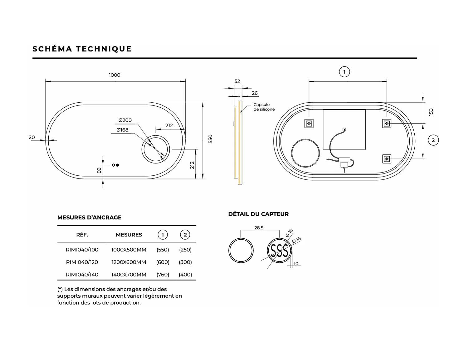 Miroir Led RIMINI Moka 100X55cm - T° Led Variable Rétro-éclairé & Frontal - Tactiles On/Off & Anti-Buée - Zone X3 - LEDIMEX