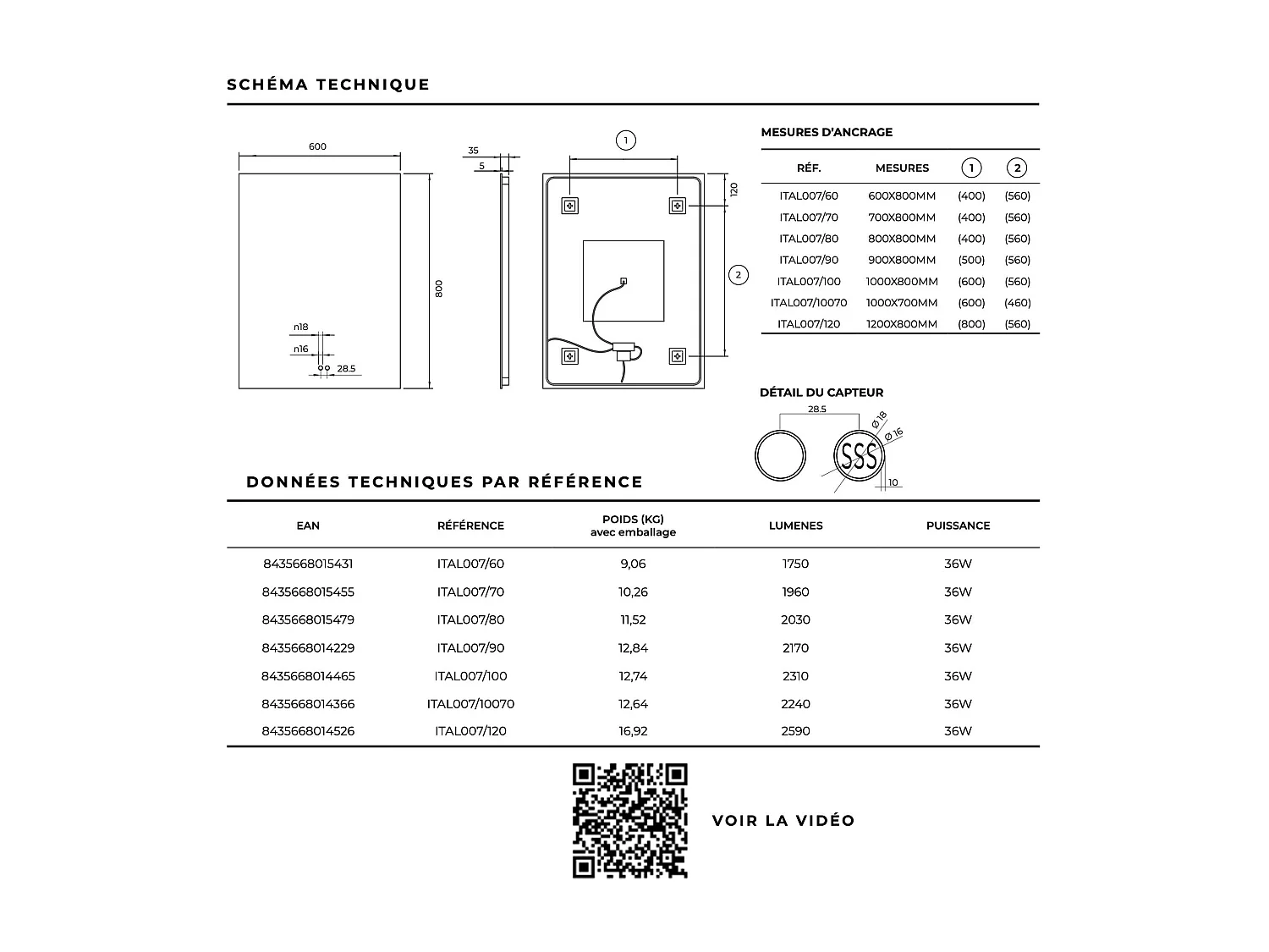 Miroir Salle de Bain ITALIA - 90x80cm - Led Rétro-éclairé (6500K) - Tactiles On/Off & Anti-Buée - LEDIMEX