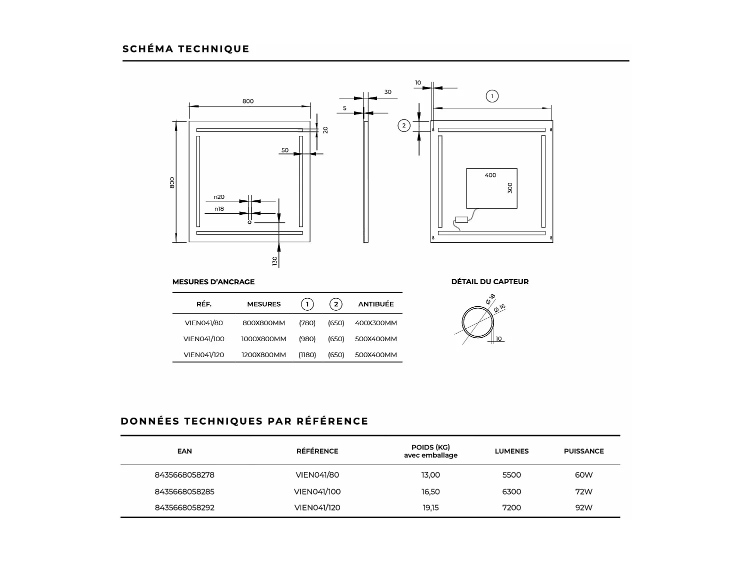 Miroir Salle de Bain VIENA - 120x80cm - Led Frontal T° Variable Frontal - Tactiles On/Off & Anti-Buée - LEDIMEX