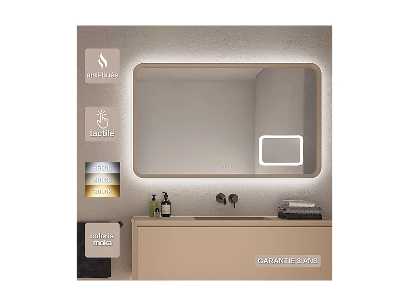 Miroir Led DUOMO Moka 120X80cm - T° Led Variable Rétro-éclairé & Frontal - Tactiles On/Off & Anti-Buée - Zone X3 - LEDIMEX