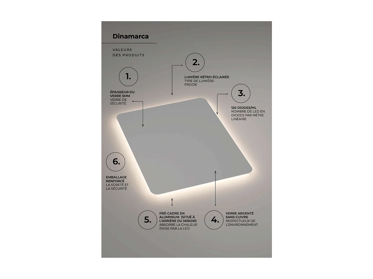 Miroir Salle de Bain DINAMARCA - 100x80cm - Led Rétro-éclairé (6500K) - LEDIMEX