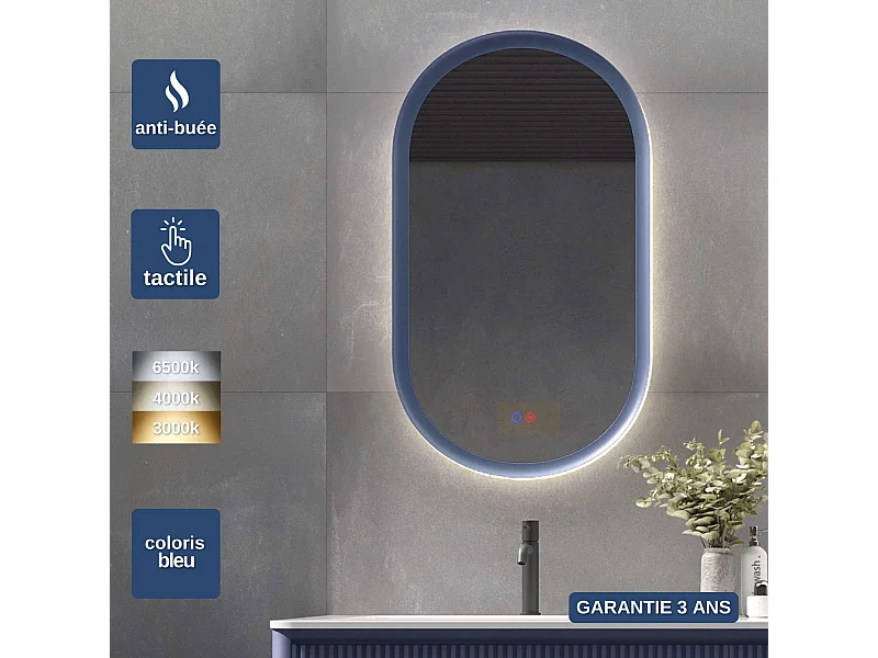 Miroir Salle de Bain MILANO Bleu 50X90cm - Led T° Variable Rétro-éclairé & Frontal - Tactiles On/Off & Anti-Buée - LEDIMEX