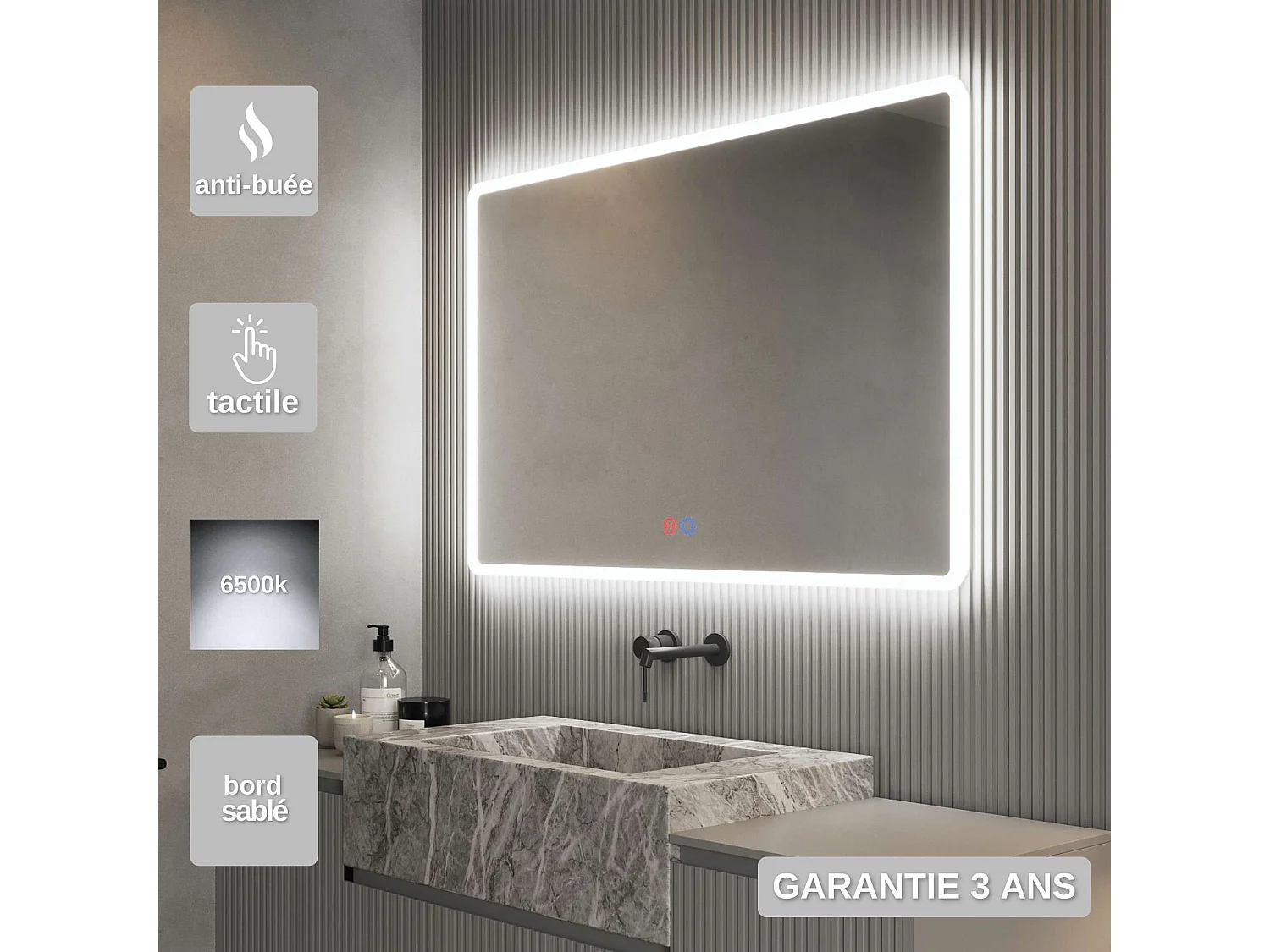 Miroir Salle de Bain PRAGA - 60x80cm - Led Rétro-éclairé & Diffusion Frontal - Tactiles On/Off & Anti-Buée - LEDIMEX
