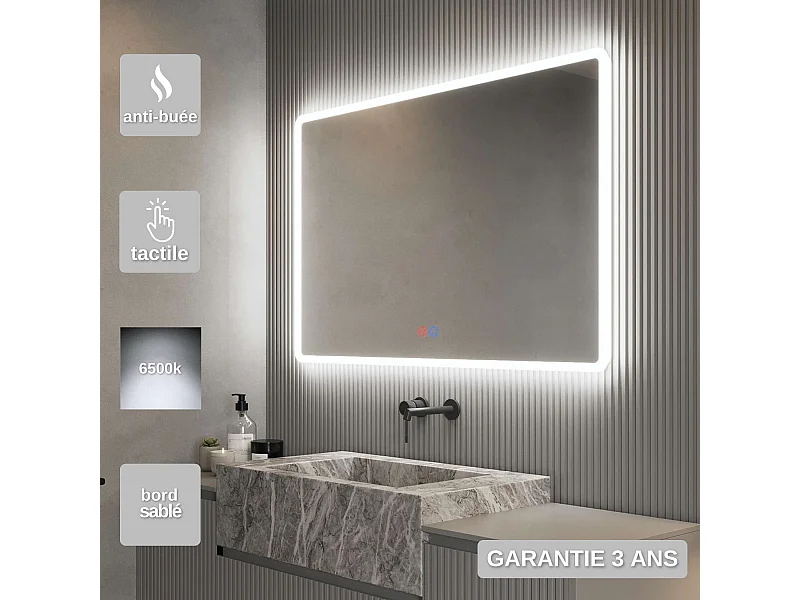 Miroir Salle de Bain PRAGA - 60x80cm - Led Rétro-éclairé & Diffusion Frontal - Tactiles On/Off & Anti-Buée - LEDIMEX